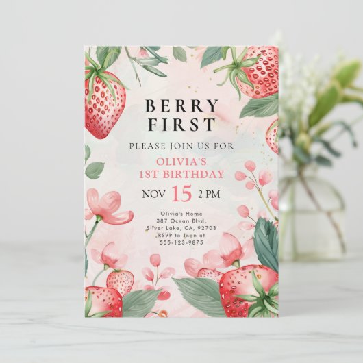 Berry Eerste Roze Bloemen 1e Verjaardag Uitnodigin Kaart (Staand voorkant)