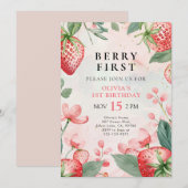 Berry Eerste Roze Bloemen 1e Verjaardag Uitnodigin Kaart (Voorkant / Achterkant)