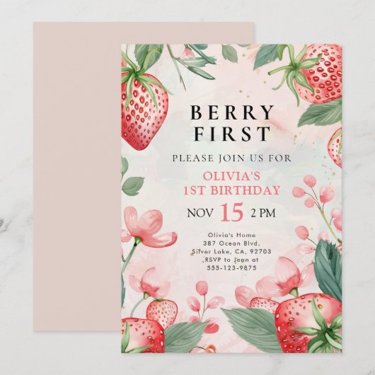 Berry Eerste Roze Bloemen 1e Verjaardag Uitnodigin Kaart (Voorkant / Achterkant)