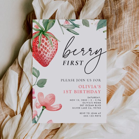 Berry Eerste Roze Bloemen 1e Verjaardag Uitnodigin Kaart