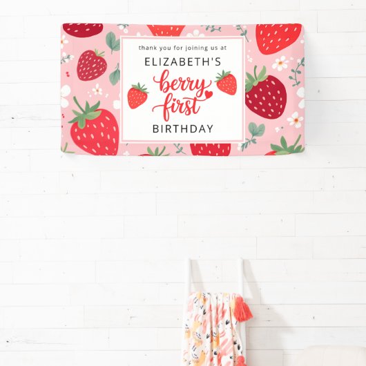 Berry eerste Schattigee 1e verjaardag meisje aardb Spandoek (Insitu)