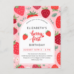 Berry eerste Schattigee 1e verjaardag Strawberry G Uitnodiging Briefkaart