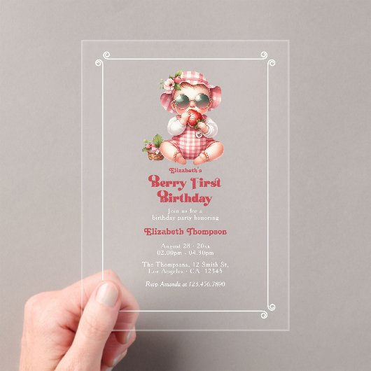 Berry Eerste Verjaardag Aardbei 1e Verjaardag Fees Acryl Uitnodigingen (Insitu (Draagbaar))