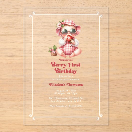 Berry Eerste Verjaardag Aardbei 1e Verjaardag Fees Acryl Uitnodigingen (Voorkant)