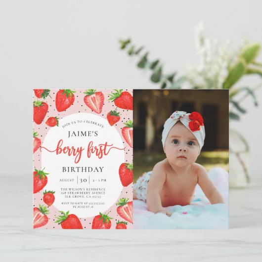 Berry Eerste Verjaardag Aardbei 1e Verjaardag Foto Kaart (Staand voorkant)