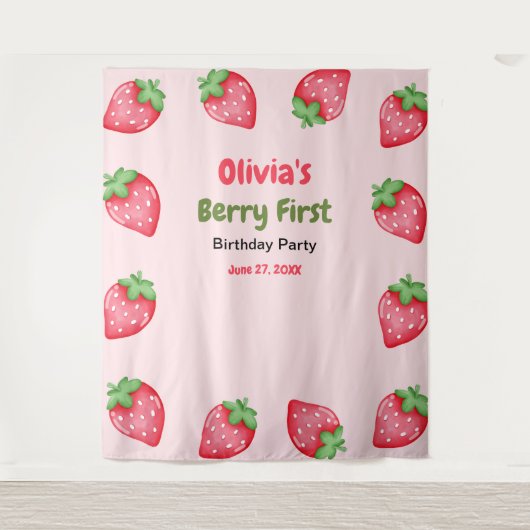 Berry Eerste Verjaardag Aardbei 1e Verjaardag Wandkleed (Voorkant)