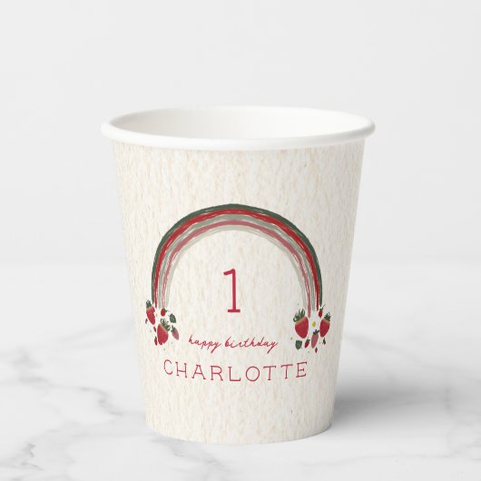 Berry Eerste Verjaardag Aardbei Bloemen Regenboog Papieren Bekers (Voorkant)