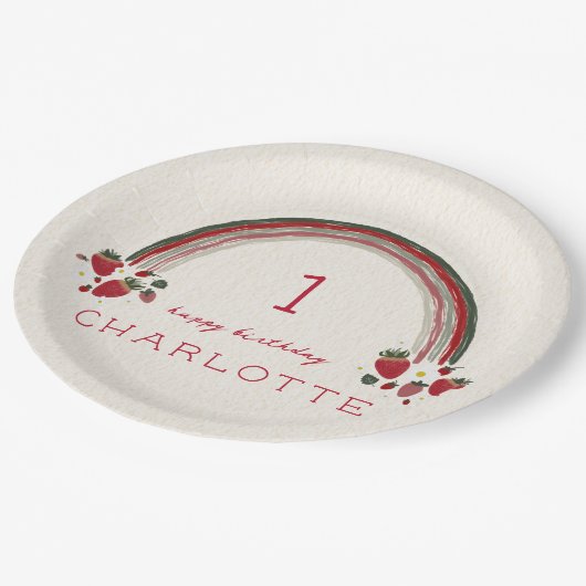 Berry Eerste Verjaardag Aardbei Bloemen Regenboog Papieren Bordje (Gekanteld)