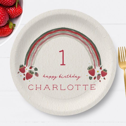 Berry Eerste Verjaardag Aardbei Bloemen Regenboog Papieren Bordje