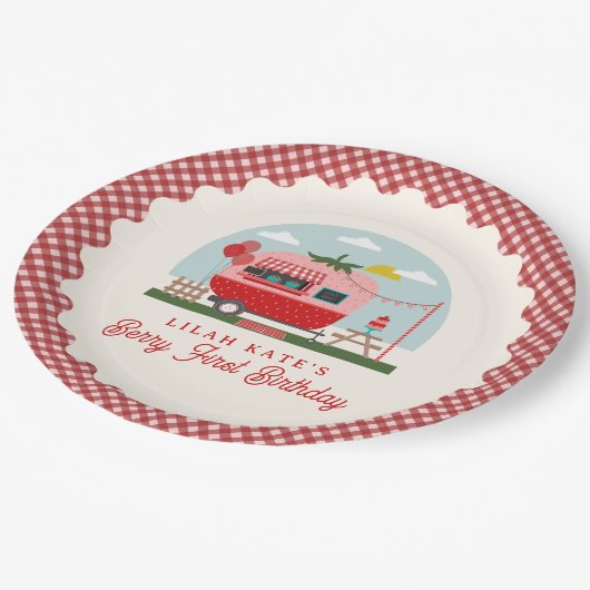 Berry Eerste Verjaardag Aardbei Camper Papieren Bordje (Gekanteld)
