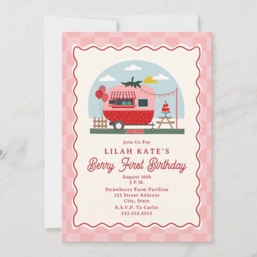 Berry Eerste Verjaardag Aardbei Checker Camper Kaart (Voorkant)