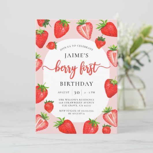 Berry Eerste Verjaardag Aardbei Meisje 1e Verjaard Kaart (Staand voorkant)