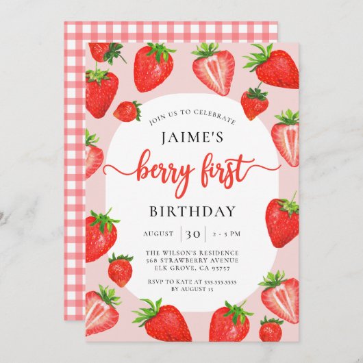 Berry Eerste Verjaardag Aardbei Meisje 1e Verjaard Kaart (Voorkant / Achterkant)