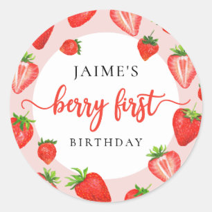 Berry Eerste Verjaardag Aardbei Meisje 1e Verjaard Ronde Sticker