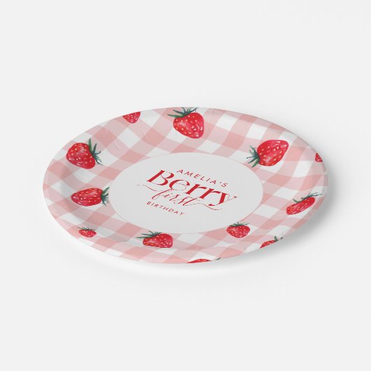 Berry Eerste Verjaardag Aardbei Meisje Papieren Bordje (Gekanteld)