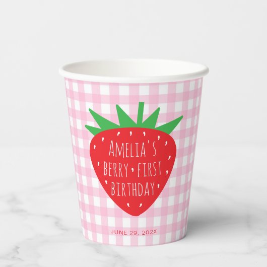 Berry Eerste Verjaardag Aardbei Meisje Pink Plaid Papieren Bekers (Achterkant)