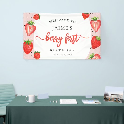 Berry Eerste Verjaardag Aardbei Meisje Welkom Spandoek (Beurs)