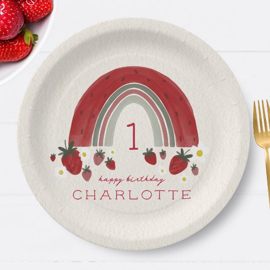 Berry Eerste Verjaardag Aardbei Regenboog Bloemen Papieren Bordje