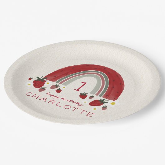 Berry Eerste Verjaardag Aardbei Regenboog Bloemen Papieren Bordje (Gekanteld)