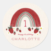 Berry Eerste Verjaardag Aardbei Regenboog Bloemen Ronde Sticker (Voorkant)