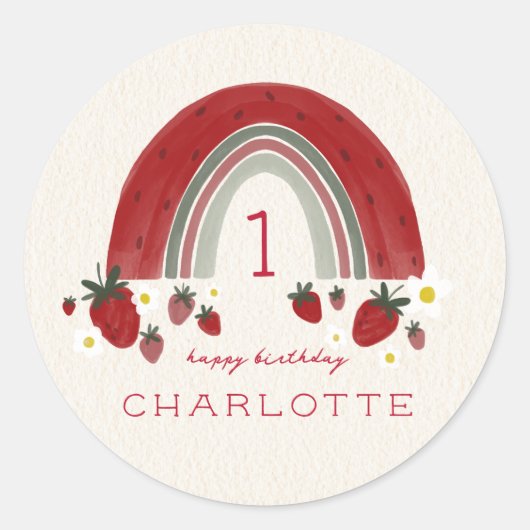 Berry Eerste Verjaardag Aardbei Regenboog Bloemen Ronde Sticker (Voorkant)