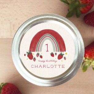 Berry Eerste Verjaardag Aardbei Regenboog Bloemen Ronde Sticker