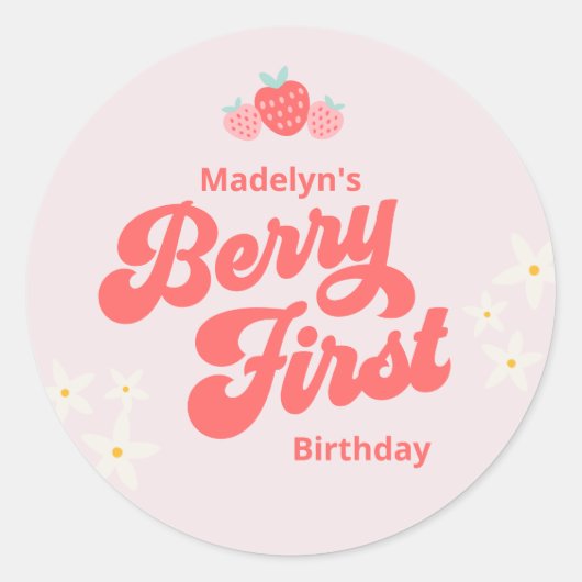 Berry Eerste Verjaardag Aardbei Roze Classic Ronde Sticker (Voorkant)