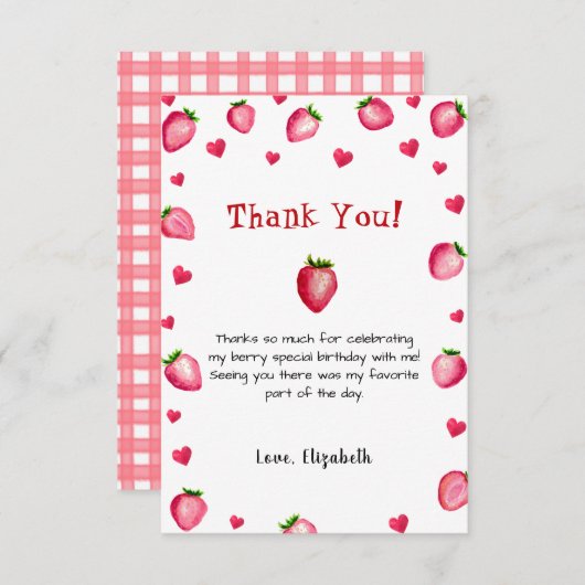 Berry Eerste Verjaardag Aardbei Zomer Gingham 1e Bedankkaart (Voorkant / Achterkant)