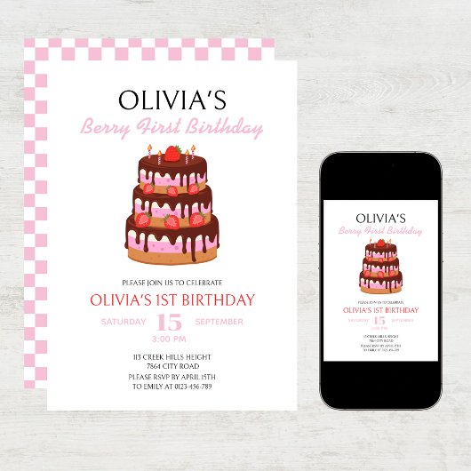 Berry Eerste Verjaardag Aardbeien Cake Verjaardag Kaart