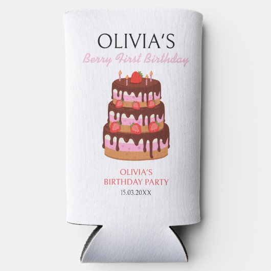 Berry Eerste Verjaardag Aardbeien Cake Verjaardag Seltzer Blikjeskoeler (Voorkant)