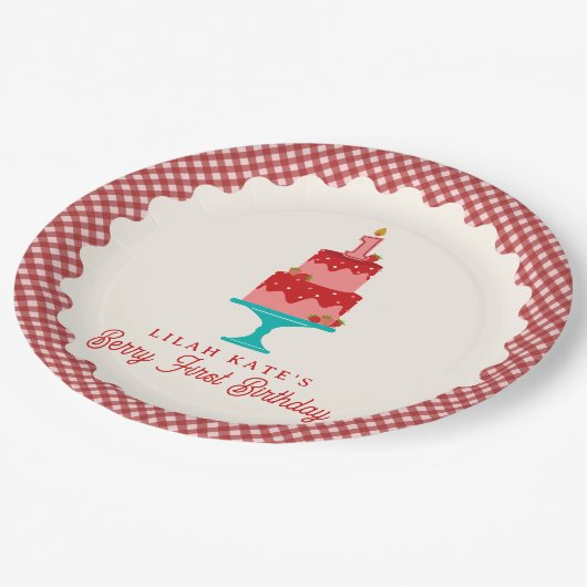 Berry Eerste Verjaardag Aardbeientaart Papieren Bordje (Gekanteld)