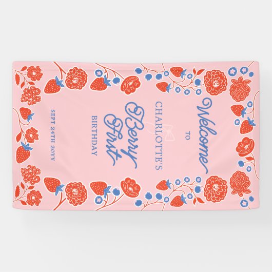 Berry Eerste Verjaardag Bloemen Aardbei Welkom Spandoek (Horizontaal)