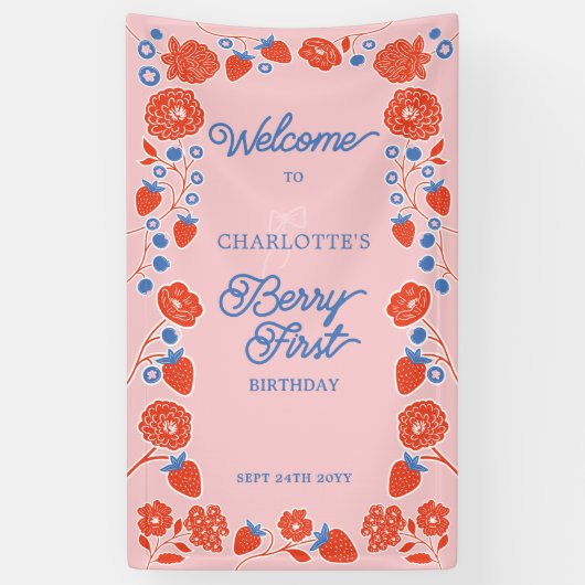 Berry Eerste Verjaardag Bloemen Aardbei Welkom Spandoek (Verticaal)