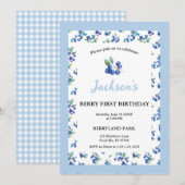 Berry Eerste Verjaardag Blueberry Gingham Uitnodig Kaart (Voorkant / Achterkant)
