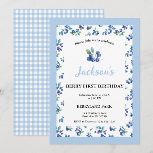 Berry Eerste Verjaardag Blueberry Gingham Uitnodig Kaart (Voorkant / Achterkant)
