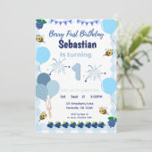Berry eerste verjaardag - Blueberry Invitation Boy Kaart (Staand voorkant)
