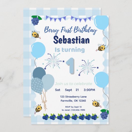 Berry eerste verjaardag - Blueberry Invitation Boy Kaart (Voorkant / Achterkant)