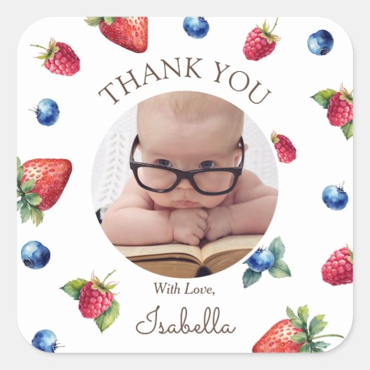 Berry Eerste Verjaardag Dank u Foto Vierkante Sticker (Voorkant)