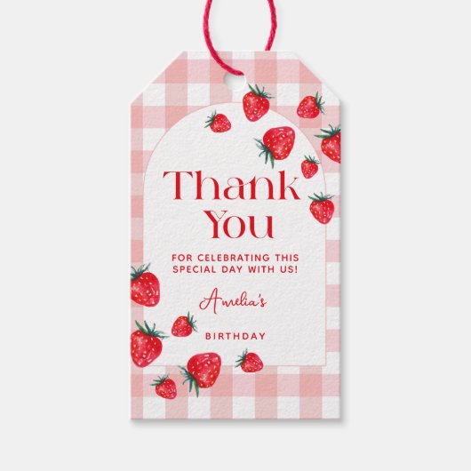 Berry eerste verjaardag Gingham Strawberry bedankt Cadeaulabel (Voorkant)