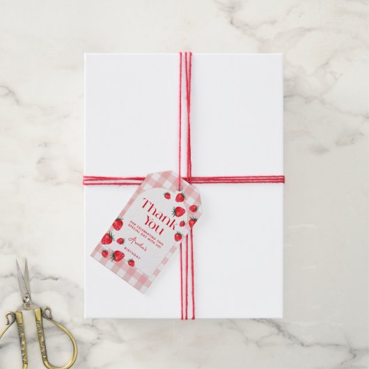 Berry eerste verjaardag Gingham Strawberry bedankt Cadeaulabel (Met Touw)