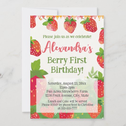 Berry Eerste Verjaardag Party Meisjes Aardbei 1e Kaart (Voorkant)
