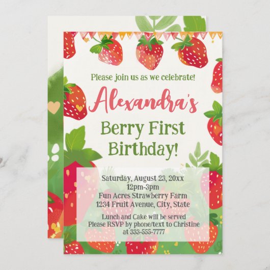 Berry Eerste Verjaardag Party Meisjes Aardbei 1e Kaart (Voorkant / Achterkant)
