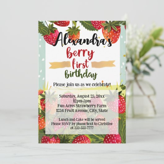 Berry Eerste Verjaardag Party Meisjes Aardbei 1e Kaart (Staand voorkant)