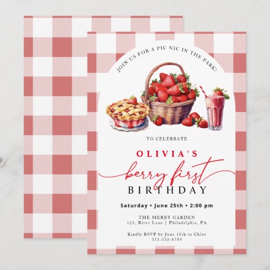 Berry Eerste Verjaardag picknick gingham Kaart (Voorkant / Achterkant)