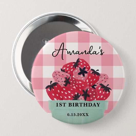 Berry Eerste Verjaardag Pin - Aardbei Ronde Button 4,0 Cm (Voorkant /achterkant)