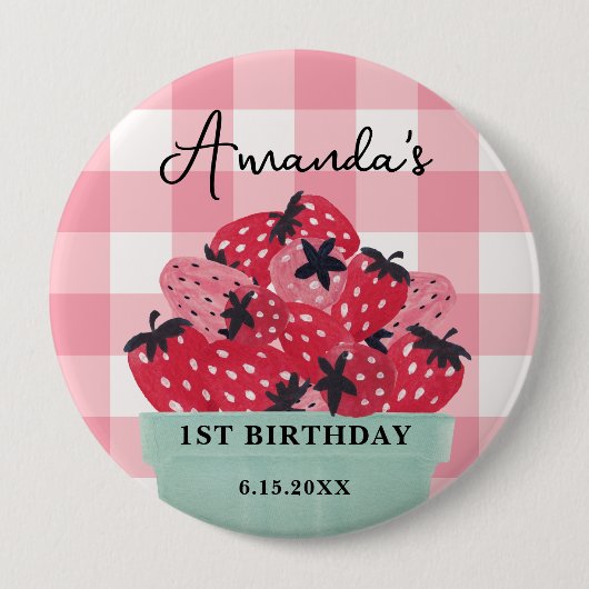 Berry Eerste Verjaardag Pin - Aardbei Ronde Button 4,0 Cm (Voorkant)