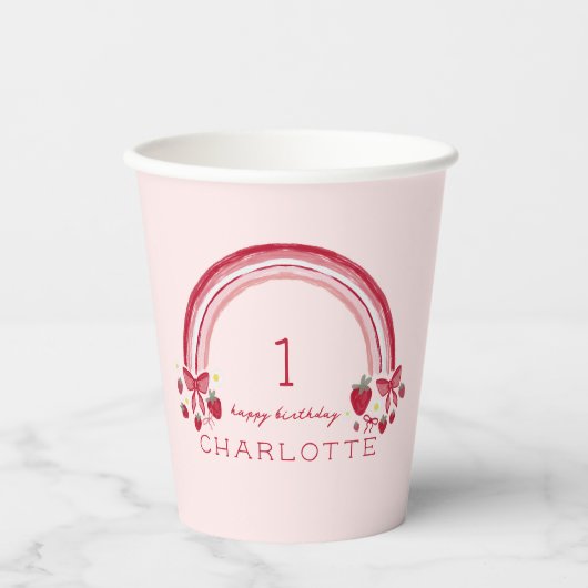 Berry eerste verjaardag Rainbow Strawberry Bows Papieren Bekers (Voorkant)