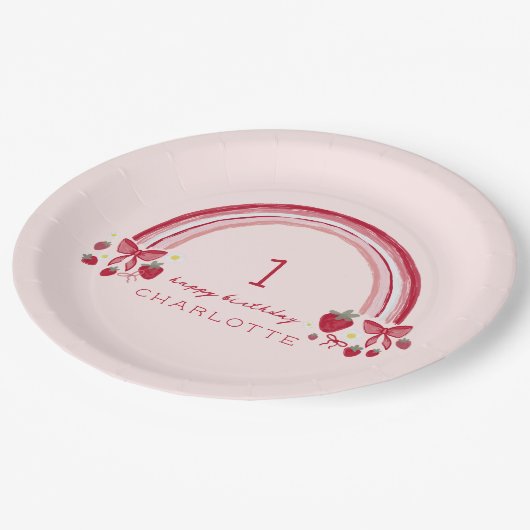 Berry eerste verjaardag Rainbow Strawberry Bows Papieren Bordje (Gekanteld)