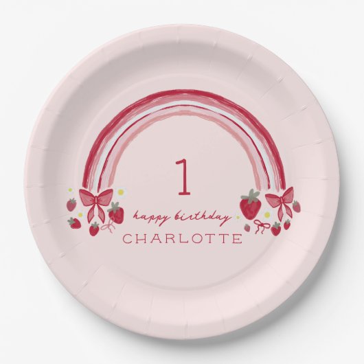 Berry eerste verjaardag Rainbow Strawberry Bows Papieren Bordje (Voorkant)