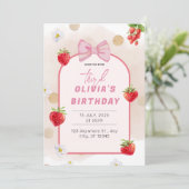 Berry eerste verjaardag Red Strawberry Daisy Party Kaart (Staand voorkant)